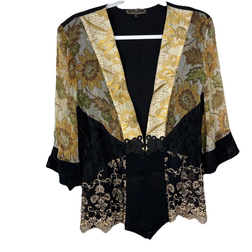 Vintage Violet Kay Kimono Jacket Womens L‎ Gold Black Floral 3/4 Sleeve Asian
